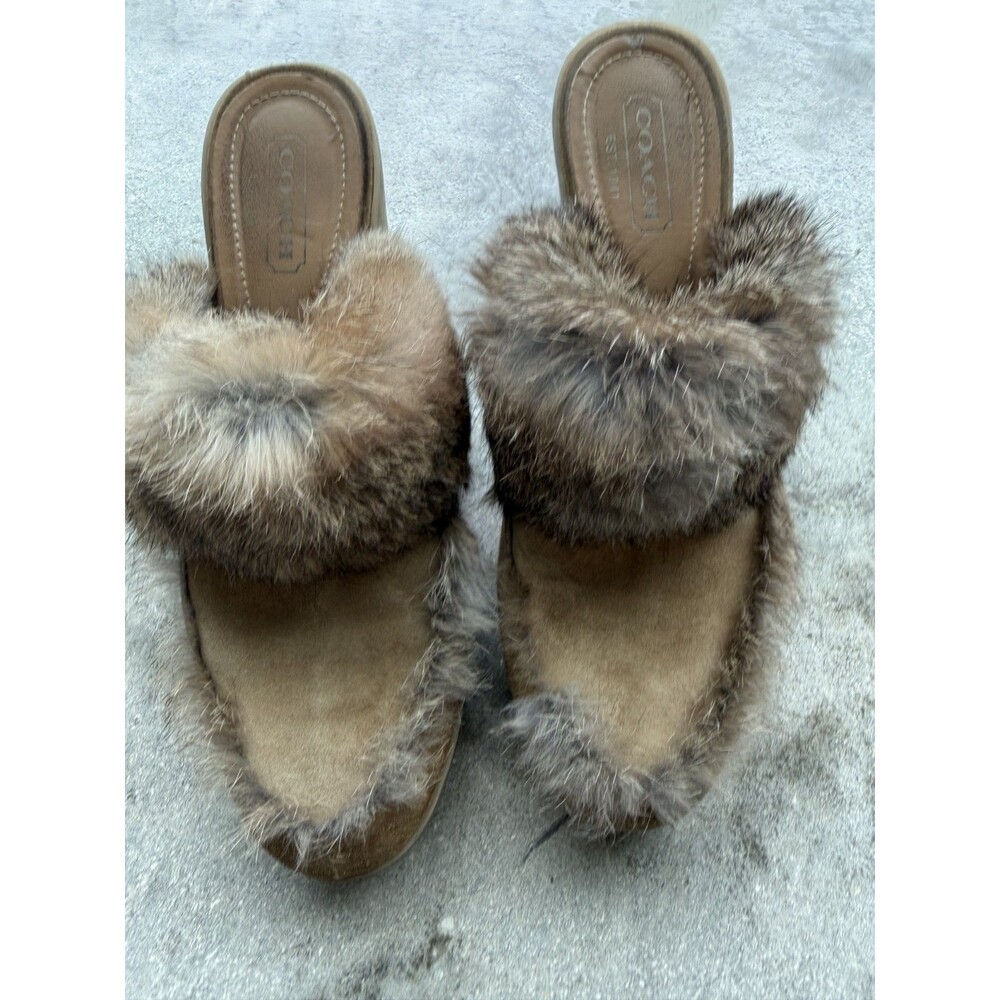 Vintage Y2K Coach Kaela Brown Rabbit Fur Playform Wedge Clogs Mules Women's 8